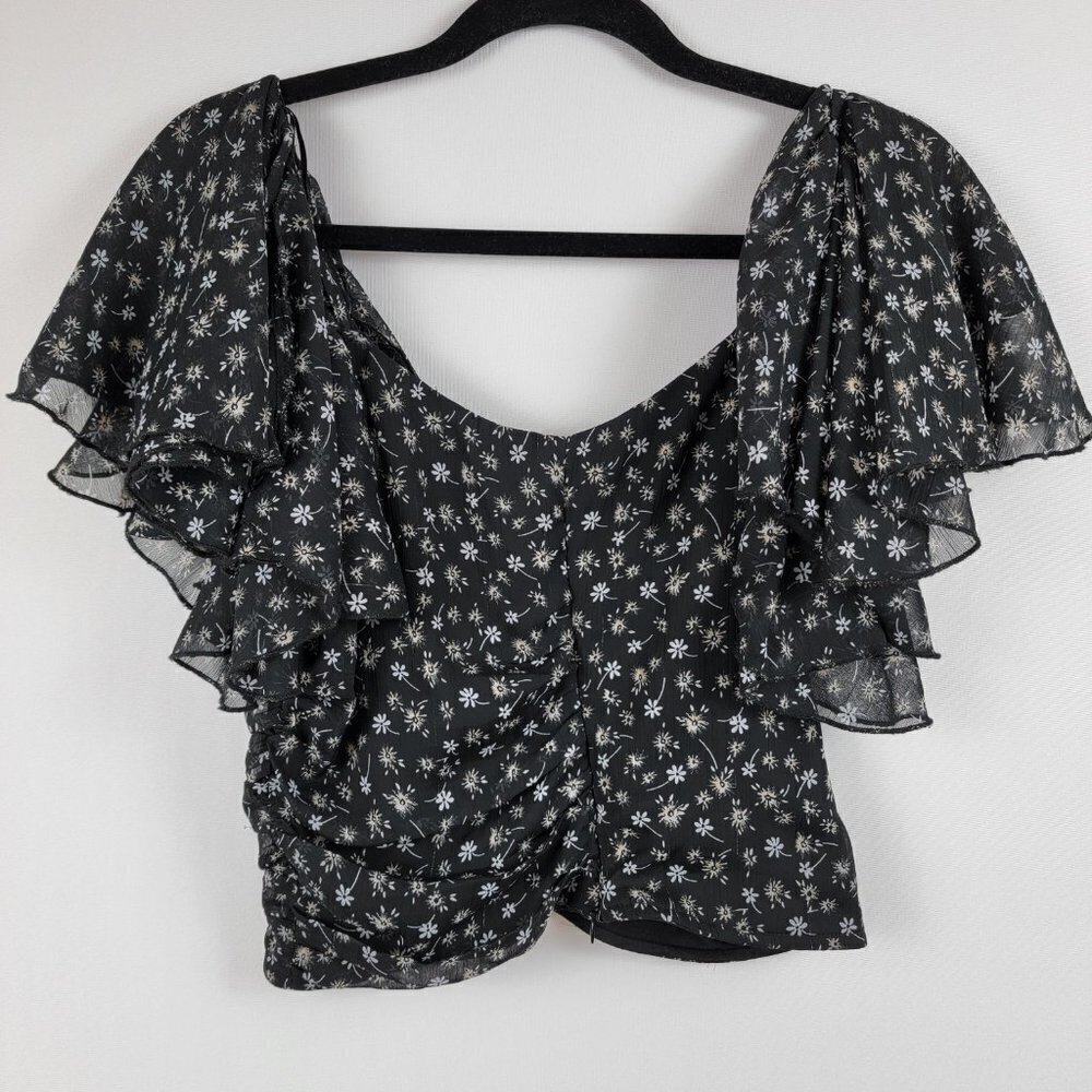 Lulu's Miya Ruffle Short Sleeve Crop Top Women's M Black Floral Zip Back Lined - Picture 4 of 10